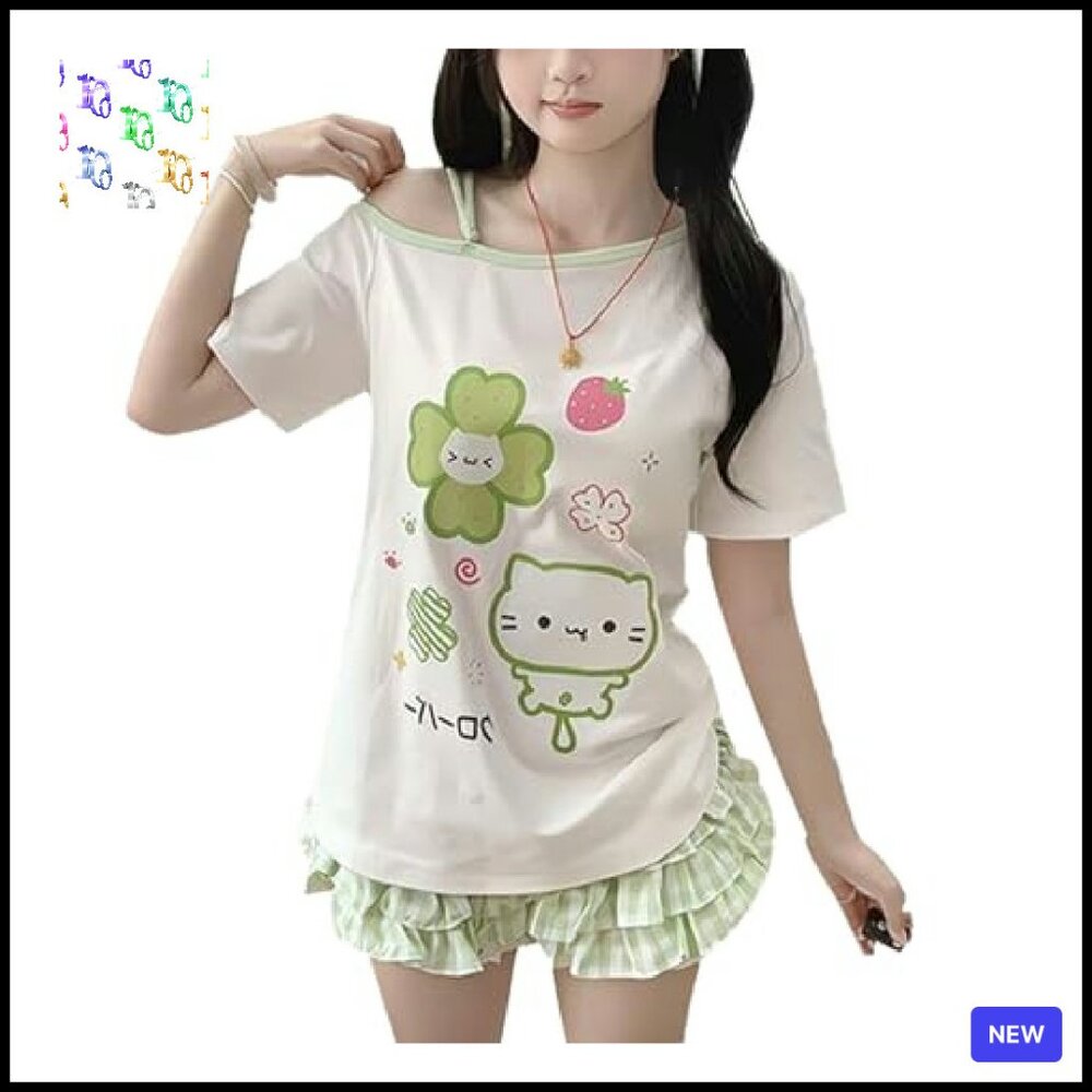 Y2k Off Shoulder Kawaii T-Shirt Suit Plaid Ruffled Lace Pumpkin Shorts